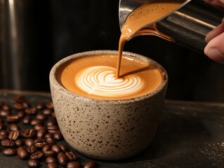 Close up view of a person pouring steamed milk into a speckled cup of coffee, creating latte art. The speckled stoneware cup sits on a dark surface next to coffee beans.