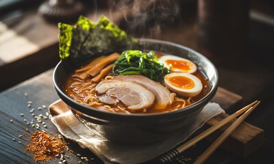 Steaming Bowl of Ramen Noodle Soup Comfort Food with Pork and Egg