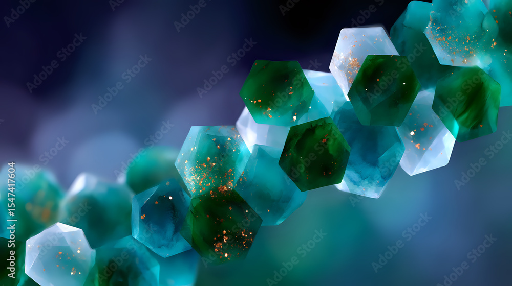Aufkleber glowing hexagonal crystal formations in emerald green and turquoise colors against dark background w