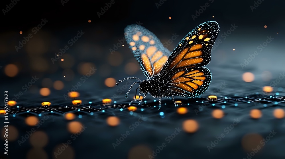 Poster magical monarch butterfly with orange wings resting on water surface with bokeh light effects and sp