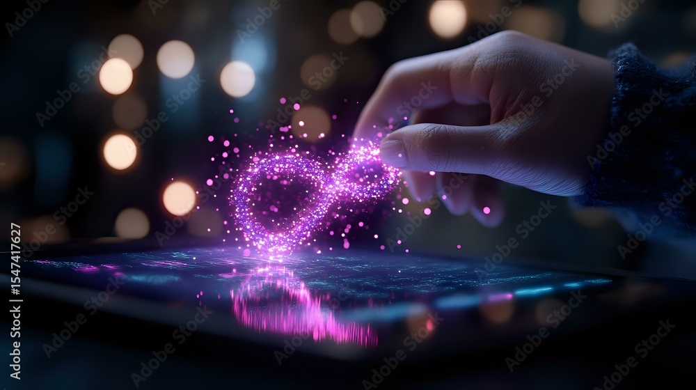 Poster magical glowing infinity symbol floating above tablet screen with hand gesture, purple sparkles and 