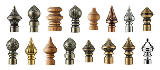 Assorted set of ornamental finials made from wood and metal, showcasing classic, vintage, and modern designs for furniture or curtain rods. isolated set.
