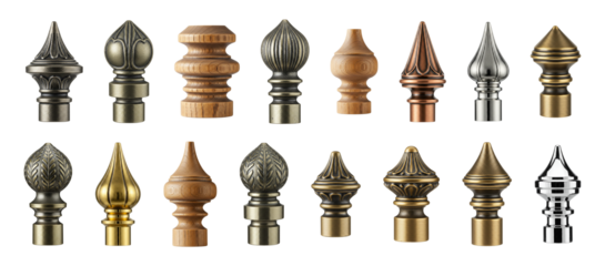 Assorted set of ornamental finials made from wood and metal, showcasing classic, vintage, and modern designs for furniture or curtain rods. isolated set.
