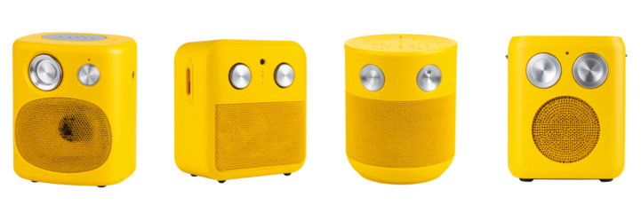 Modern yellow portable speaker with front-facing control dials, isolated on transparent background PNG