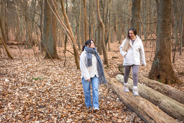Two female friends on a walk in the forest. Friends walking through the forest. People in nature.