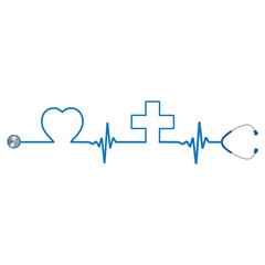 Illustration of stethoscope with heartbeat and heart with medical cross on white background