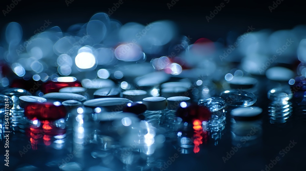Poster macro photography of water drops with red and blue bokeh lights creating atmospheric night city refl