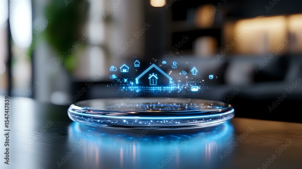 Poster futuristic smart home hologram floating above glowing platform with blue digital icons showing conne