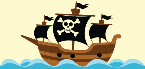 Cartoon Pirate Ship Sailing on Calm Ocean Waves