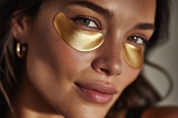 A close-up of a woman’s face with golden under-eye patches, embodying a minimalistic beauty routine. She gazes calmly into the camera, her skin fresh and glowing.