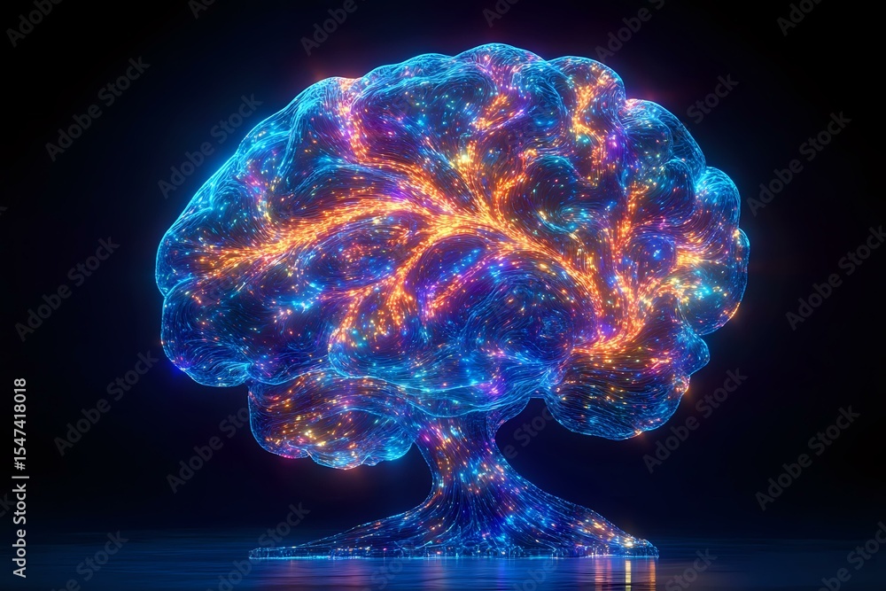 Poster glowing brain tree with luminous neural networks in blue and orange colors against dark background, 