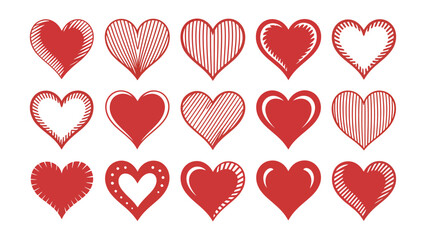 Set of 15 red and white heart icons with diverse decorative patterns, ideal for Valentine’s Day, romance, love, greeting cards, and crafts