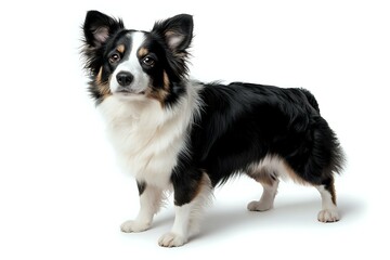 Border Collie dog with black and white coat standing in profile view against pure white background, isolated studio shot for commercial and advertising use.