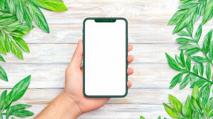 Blank smartphone mockup hand leaves background. Mobile device display on white screen. Nature and technology, modern flatlay, creative template, digital background, minimal copyspace.