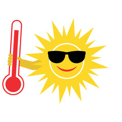 Illustration of a cute cheerful sun with a thermometer in his hand on a white background