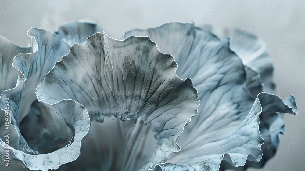 Poster delicate ruffled petals in soft blue-gray tones create an abstract macro composition with gentle cur