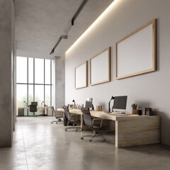 Fototapeta premium Spacious workspace with polished concrete finishes, minimalist desk, and whiteboard frames.