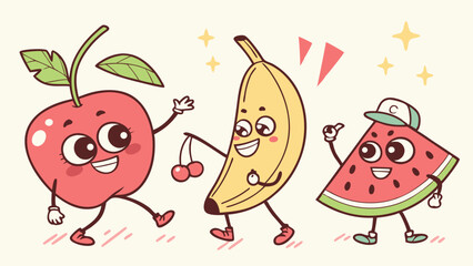 Adorable cartoon fruits dancing. A happy cherry, cheerful banana holding cherries, and playful watermelon slice in a cap. Whimsical vector illustration.