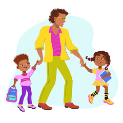 Father, mother, and funny son are holding hands and walking to school. Joyful family scene, care, and parenting. Loving parents and child are talking and smiling. Vector flat illustration.