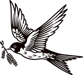 Fototapeta premium Detailed black and white illustration of flying swallow carrying branch with leaves in beak isolated on white