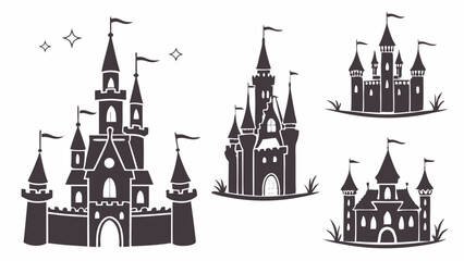 Fototapeta premium Elegant black and white fairy tale castle silhouettes vector set. Five fantasy princess kingdom icons with towers, flags, and gates for design projects.