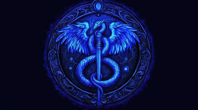 A vibrant, detailed design of a stylized caduceus.