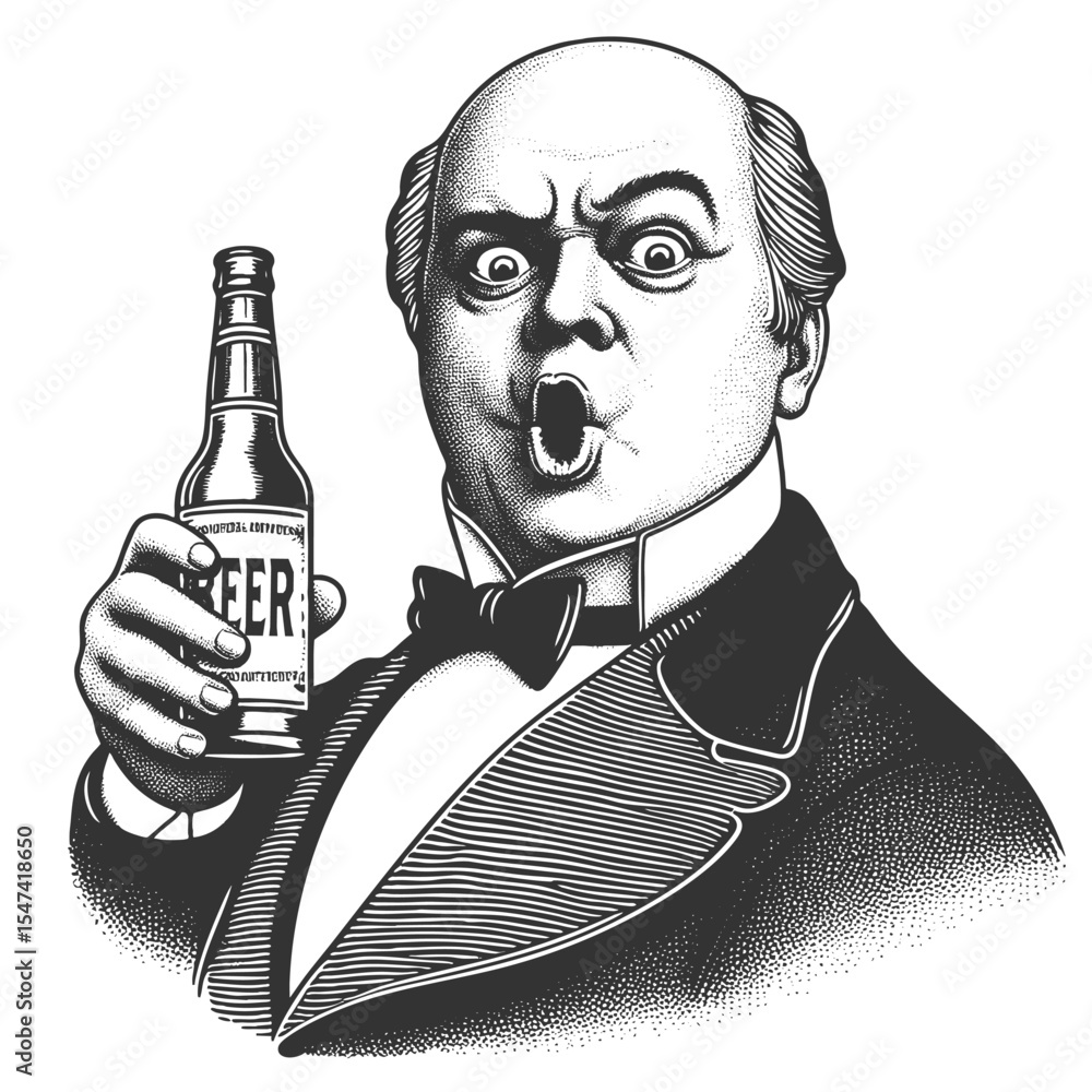 Poster funny bald man in formalwear holding a labeled beer bottle with exaggerated expression sketch engrav