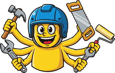 Cheerful Multi Armed Handyman Cartoon Character with Tools