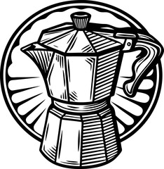 Hand drawn moka pot illustration with retro engraved and circular ornamental background motif