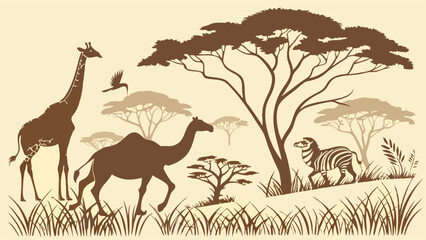 Fototapeta premium African Safari Wildlife Silhouette Illustration featuring Giraffe, Camel, Zebra, and Acacia Trees in Earthy Brown Tones. Vector Landscape Art