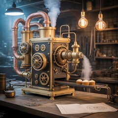 Fototapeta premium Steampunk Baking Machine Fantasy Invention Cupcake Production System