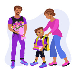 Father, mother, and son are walking to school. Joyful family scene, care, and parenting. Loving parents and child are talking and smiling. Vector flat illustration.