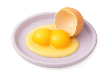 Cracked egg on lavender plate with vibrant yolks and smooth egg white creates visually appealing scene. delicate shell adds charm to this culinary image