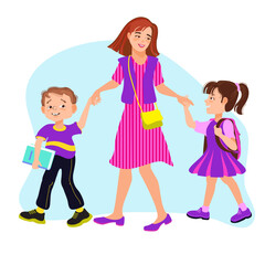 Mom, son, and daughter are holding hands and walking to school. Family scene, care, parenting. A loving mother and her children strolling, talking, and smiling. Vector flat illustration. 