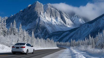 Winter road trip through snow-covered Kootenay Plains with SUV driving toward majestic Canadian Rockies, winter road trip, Kootenay Plains, Alberta Canada, snowy landscape, Rocky Mountains, SUV travel