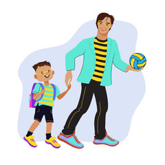 Dad and son are holding hands and walking to school. Family scene, care, parenting. A loving father and his child strolling, talking, and smiling. Vector flat illustration. 