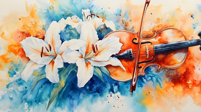 Watercolor Painting of Violin and Lilies, flowers, white lilies, musical instrument, art, artwork