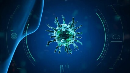 Digital rendering of a virus particle, possibly coronavirus, in a medical-themed blue background with data interface elements - Powered by Adobe