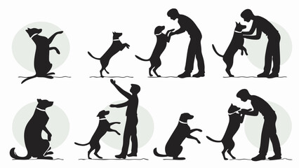 Eight black silhouette illustrations of owners training dogs, depicting various poses like jumping, sitting, and standing on hind legs, in a minimalist graphic style.
