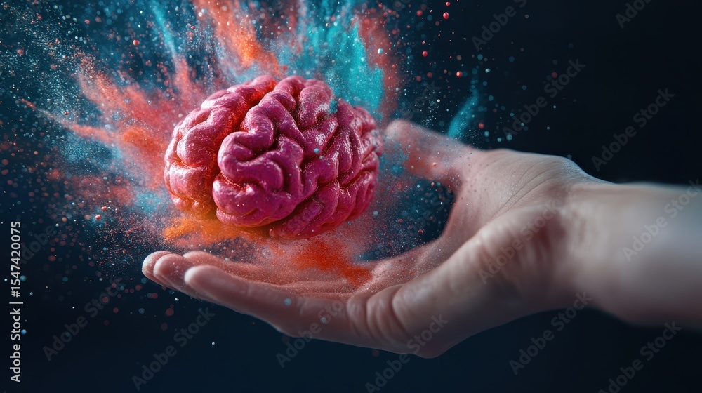 Poster an artistic representation of a brain surrounded by vivid colors and particles, symbolizing creativi