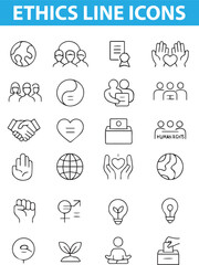 Fototapeta premium Ethics Line Icons, Justice, Integrity, Fairness, Morality, Honesty, Responsibility, equal rights, integrity badge Delivered in editable EPS, Ai, jpg and transparent PNG formats.