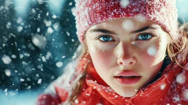 In a striking red jacket, a determined girl faces a snowstorm, capturing the spirit of adventure, resilience, and the challenges of embracing the beauty of winter's fury and excitement.