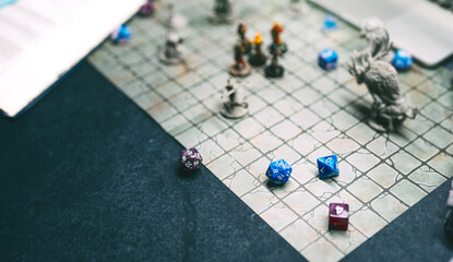 Role playing tabletop board game concept dice roll adventure in dungeon story old school gamer turn...