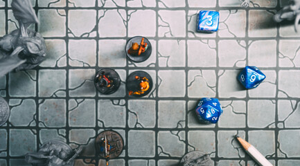 Role playing tabletop board game concept dice roll adventure in dungeon story old school gamer turn...