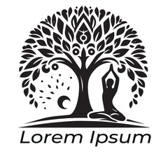 A yoga logo with a tree and a person doing yoga white background 