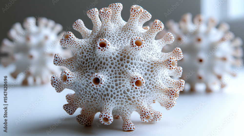 Poster model of a virus with intricate details showcasing texture and structure in a light setting