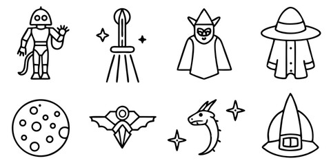 Science fiction and fantasy icon set futuristic and magical elements
