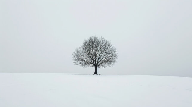 Lonely tree stands out in a snowy landscape under a gray sky during winter