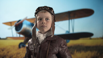 Boy wearing vintage pilot helmet, leather jacket, and scarf, stands before a blurred historical biplane, evoking early aviation and childhood imagination.