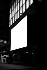 A large white billboard is lit up in the dark covering the facade of a building